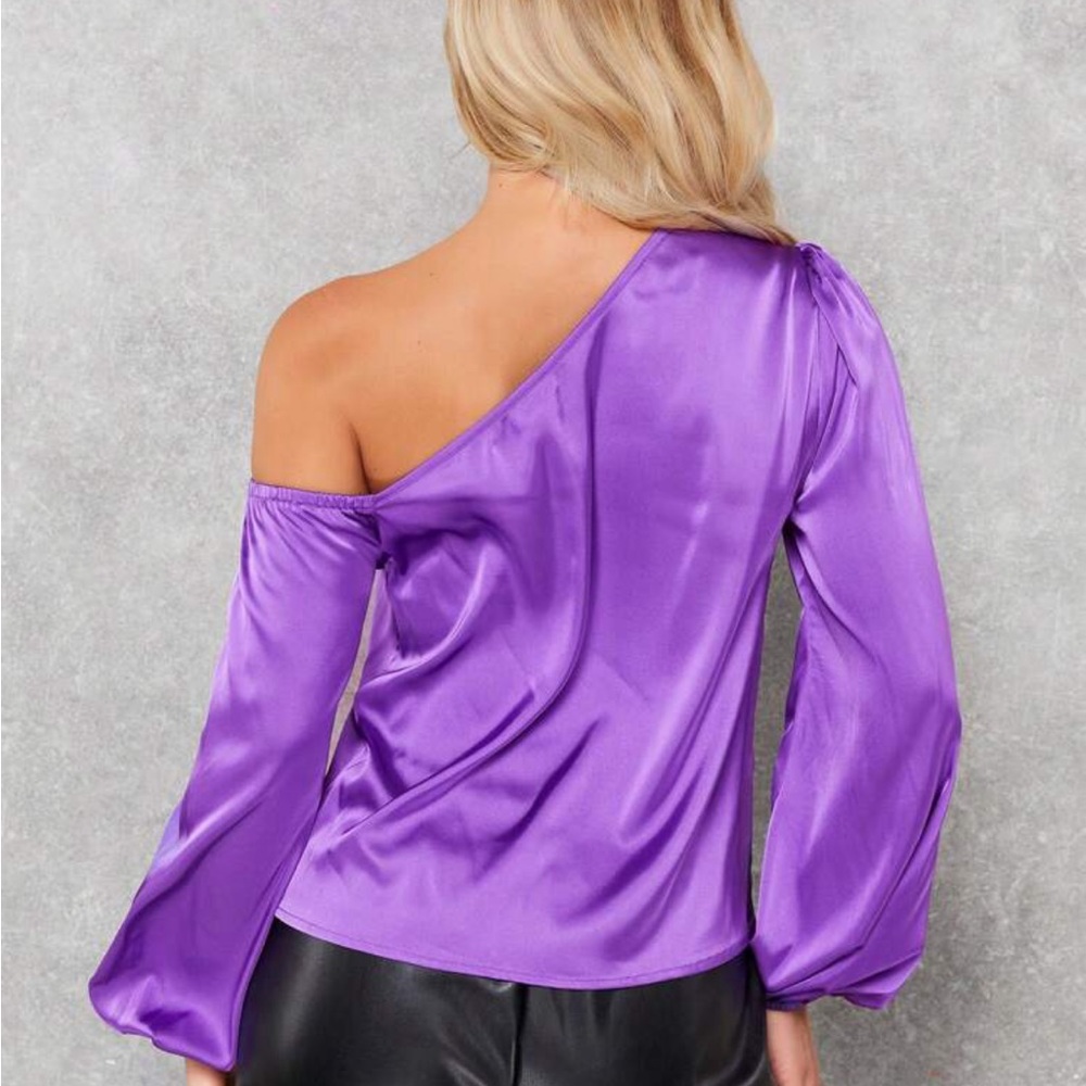 Luxe Satin Asymmetrical Neck Off One Shoulder Long Sleeve Satin Top Blouse - Picture 7 of 16